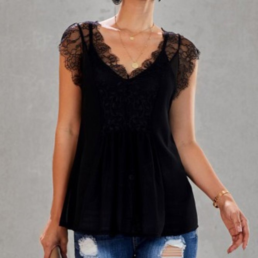 Lace Tank Top with Racerback Cami, Black